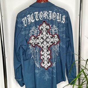 Victorious Cross Angel Embroidered Beaded Long Sleeve Button-up